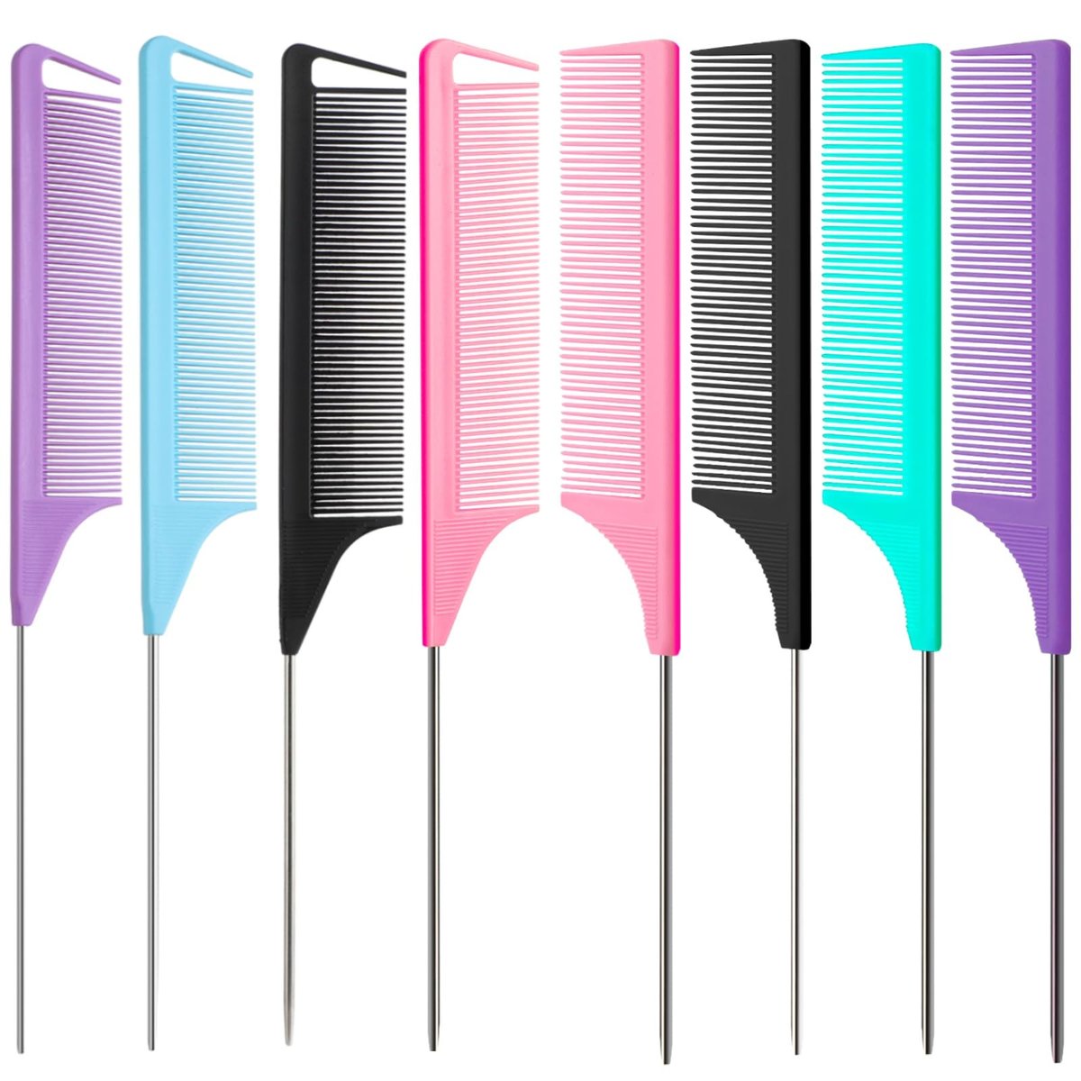 8-Piece Rat Tail Combs Set - Long Steel Pin Teasing Combs for Salon Hair Stylists, 2 Styles & Multiple Colors, Metal Parting Comb, Fine Tooth Teasing Comb for Women (Aigee) - görsel 1