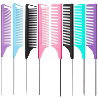 8-Piece Rat Tail Combs Set - Long Steel Pin Teasing Combs for Salon Hair Stylists, 2 Styles & Multiple Colors, Metal Parting Comb, Fine Tooth Teasing Comb for Women (Aigee)