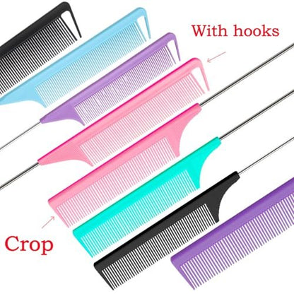 8-Piece Rat Tail Combs Set - Long Steel Pin Teasing Combs for Salon Hair Stylists, 2 Styles & Multiple Colors, Metal Parting Comb, Fine Tooth Teasing Comb for Women (Aigee)