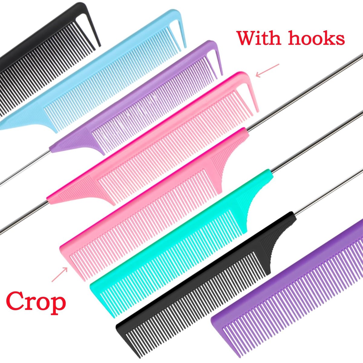 8-Piece Rat Tail Combs Set - Long Steel Pin Teasing Combs for Salon Hair Stylists, 2 Styles & Multiple Colors, Metal Parting Comb, Fine Tooth Teasing Comb for Women (Aigee) - görsel 3