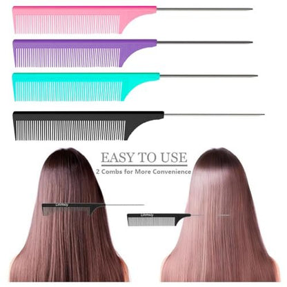 8-Piece Rat Tail Combs Set - Long Steel Pin Teasing Combs for Salon Hair Stylists, 2 Styles & Multiple Colors, Metal Parting Comb, Fine Tooth Teasing Comb for Women (Aigee)