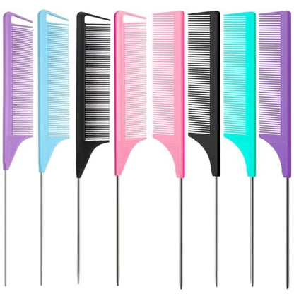 8-Piece Rat Tail Combs Set - Long Steel Pin Teasing Combs for Salon Hair Stylists, 2 Styles & Multiple Colors, Metal Parting Comb, Fine Tooth Teasing Comb for Women (Aigee)