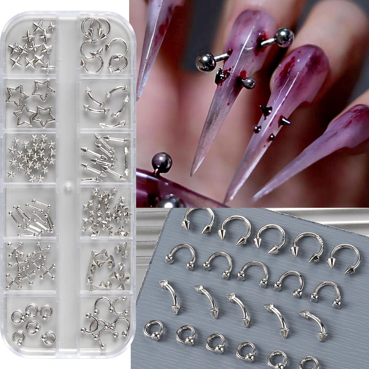 Bravizvy Punk Nail Charms Kit – Stainless Steel 3D Metal Rivets, Stars, Spikes & Gothic Studs for Edgy Manicures - görsel 5