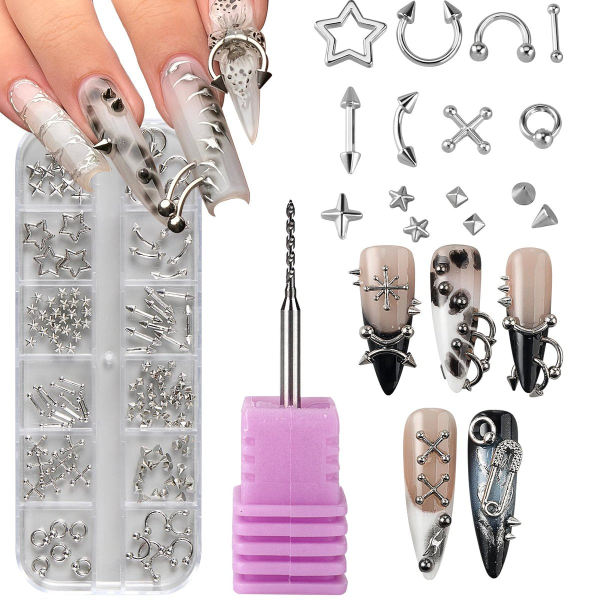 Bravizvy Punk Nail Charms Kit – Stainless Steel 3D Metal Rivets, Stars, Spikes & Gothic Studs for Edgy Manicures - görsel 1