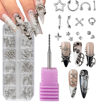 Bravizvy Punk Nail Charms Kit – Stainless Steel 3D Metal Rivets, Stars, Spikes & Gothic Studs for Edgy Manicures