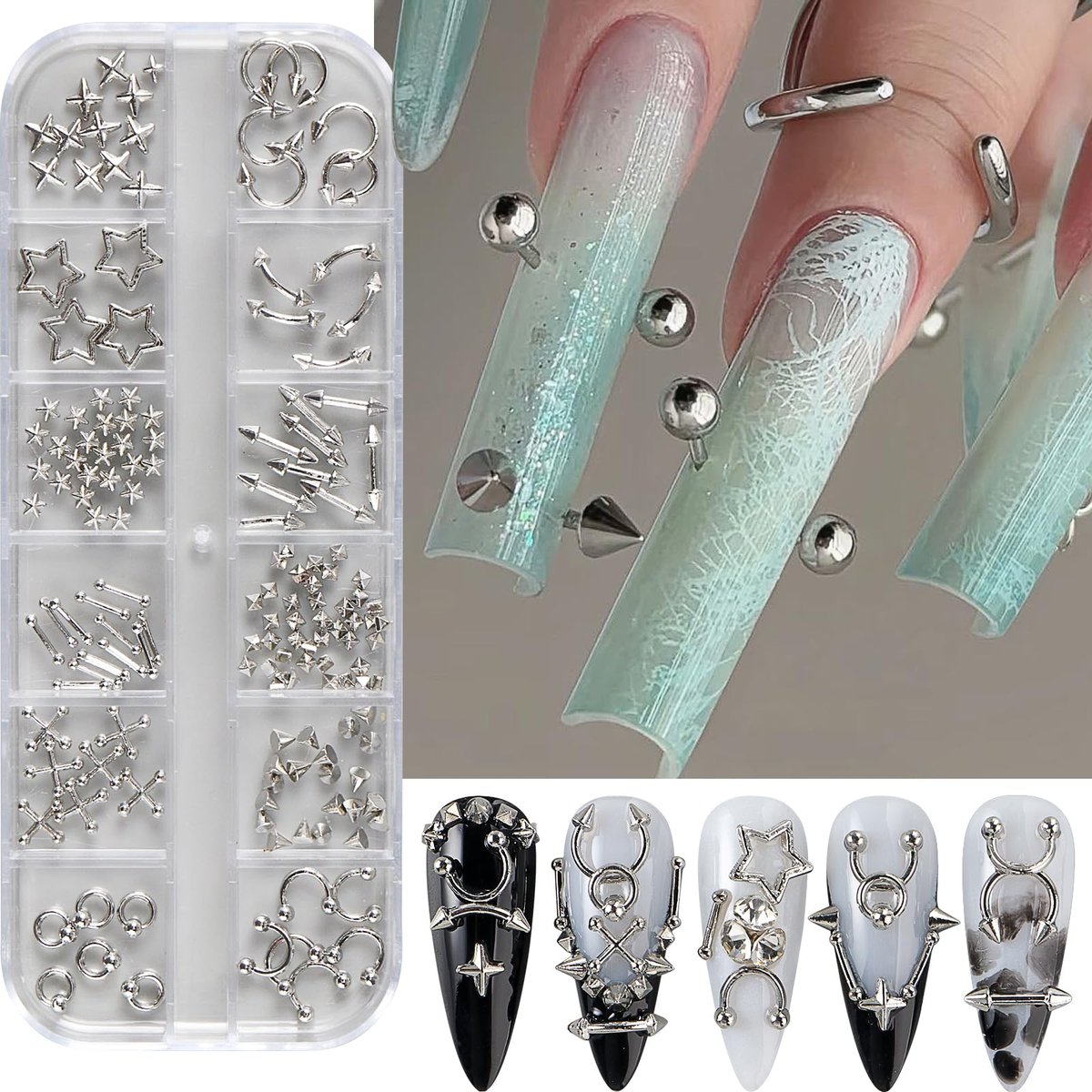 Bravizvy Punk Nail Charms Kit – Stainless Steel 3D Metal Rivets, Stars, Spikes & Gothic Studs for Edgy Manicures - görsel 3