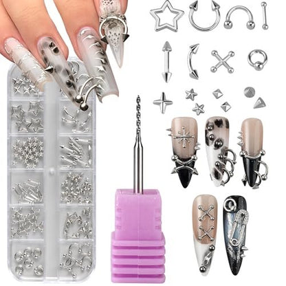 Bravizvy Punk Nail Charms Kit – Stainless Steel 3D Metal Rivets, Stars, Spikes & Gothic Studs for Edgy Manicures