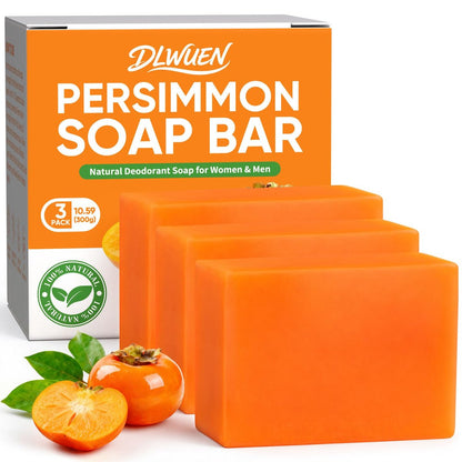 Natural Persimmon Soap Bar 3-Pack for Body Odor Control - Targets Old People Smell & Persistent Odors, Unisex Deodorant Soap for Sensitive Skin - Women & Men
