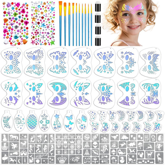 58 Pcs Face Paint Stencils Kit – 36 Reusable Stencils, Tattoo Stickers, Brushes, Gems & Sponges for Halloween, Festival & Party Makeup Avelisse