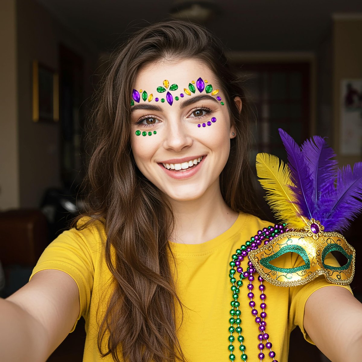 6 Sets Mardi Gras Face Gems Stickers - Self-Adhesive 3D Eye Jewels for Women - Purple, Green, Gold Carnival Party Cosplay Makeup Decorations - görsel 9