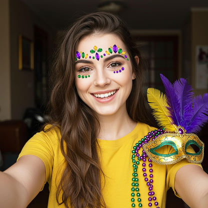 6 Sets Mardi Gras Face Gems Stickers - Self-Adhesive 3D Eye Jewels for Women - Purple, Green, Gold Carnival Party Cosplay Makeup Decorations