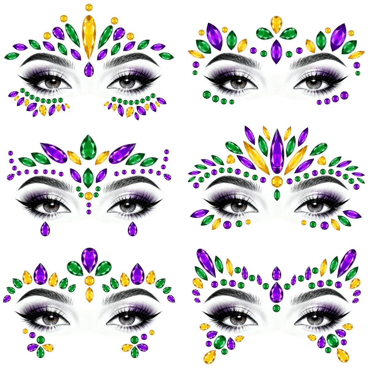 6 Sets Mardi Gras Face Gems Stickers - Self-Adhesive 3D Eye Jewels for Women - Purple, Green, Gold Carnival Party Cosplay Makeup Decorations - görsel 1