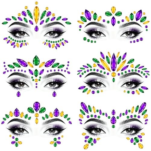 6 Sets Mardi Gras Face Gems Stickers - Self-Adhesive 3D Eye Jewels for Women - Purple, Green, Gold Carnival Party Cosplay Makeup Decorations - görsel 2