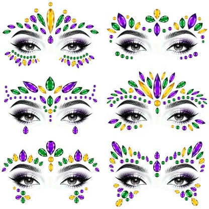 6 Sets Mardi Gras Face Gems Stickers - Self-Adhesive 3D Eye Jewels for Women - Purple, Green, Gold Carnival Party Cosplay Makeup Decorations