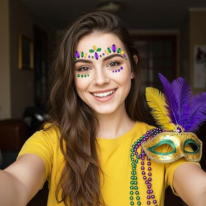 6 Sets Mardi Gras Face Gems Stickers - Self-Adhesive 3D Eye Jewels for Women - Purple, Green, Gold Carnival Party Cosplay Makeup Decorations