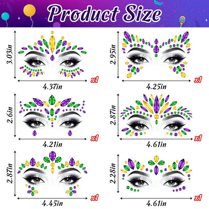 6 Sets Mardi Gras Face Gems Stickers - Self-Adhesive 3D Eye Jewels for Women - Purple, Green, Gold Carnival Party Cosplay Makeup Decorations