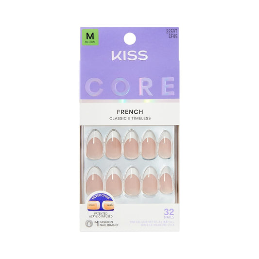KISS CORE Press On Nails - Curiosity White Medium Almond - 32 Nails with Glue, File & Stick