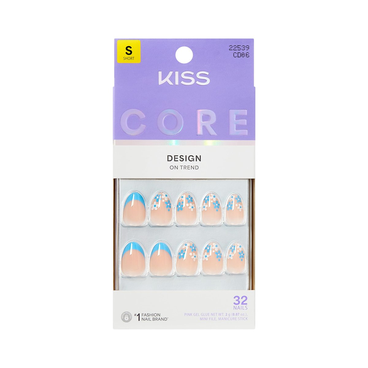 KISS Core Press On Nails 'Tune' – Short Almond Shape, Blue, 32 Nails with Glue & Tools Avelisse