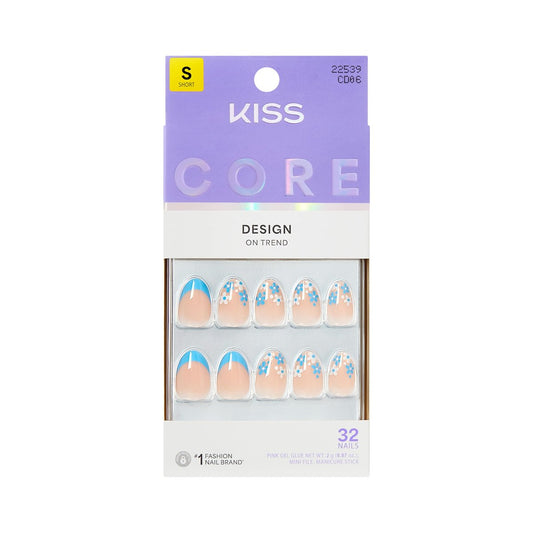 KISS Core Press On Nails 'Tune' – Short Almond Shape, Blue, 32 Nails with Glue & Tools Avelisse