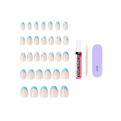 KISS Core Press On Nails 'Tune' – Short Almond Shape, Blue, 32 Nails with Glue & Tools Avelisse
