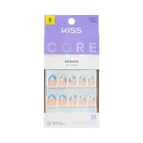 KISS Core Press On Nails 'Tune' – Short Almond Shape, Blue, 32 Nails with Glue & Tools Avelisse