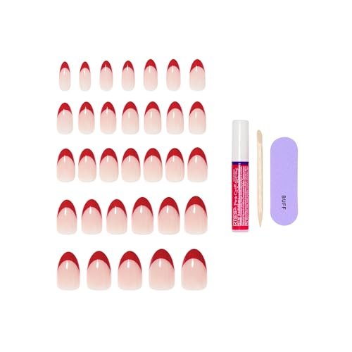 KISS Press On Nails 'Optimistic' - Red Almond Medium Size with Glue & Tools Avelisse
