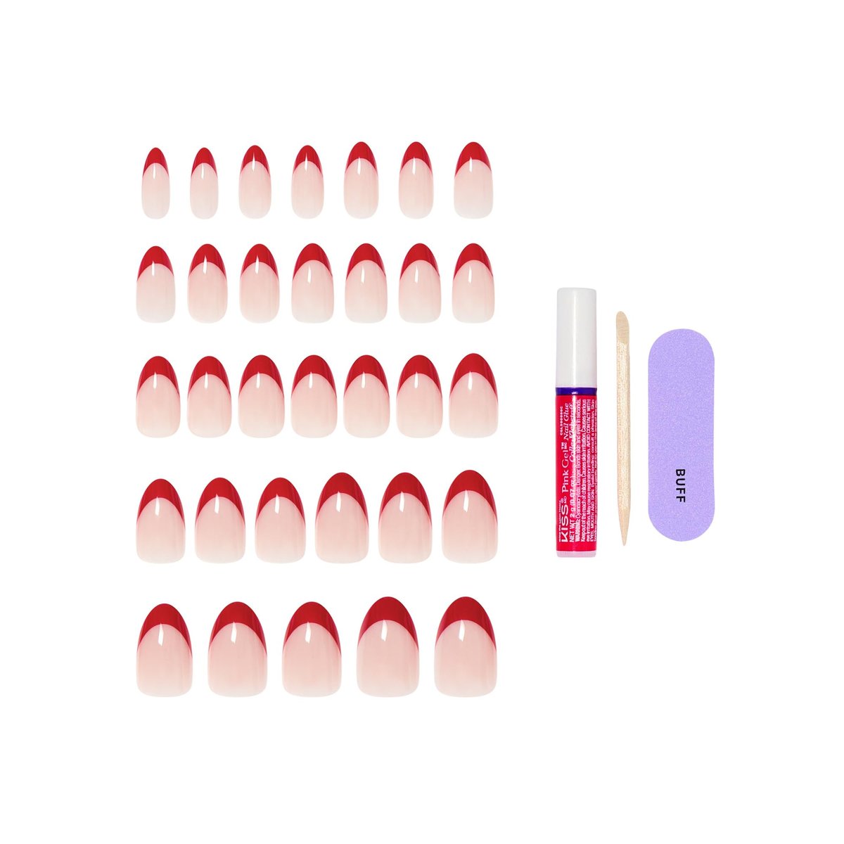 KISS Press On Nails 'Optimistic' - Red Almond Medium Size with Glue & Tools Avelisse