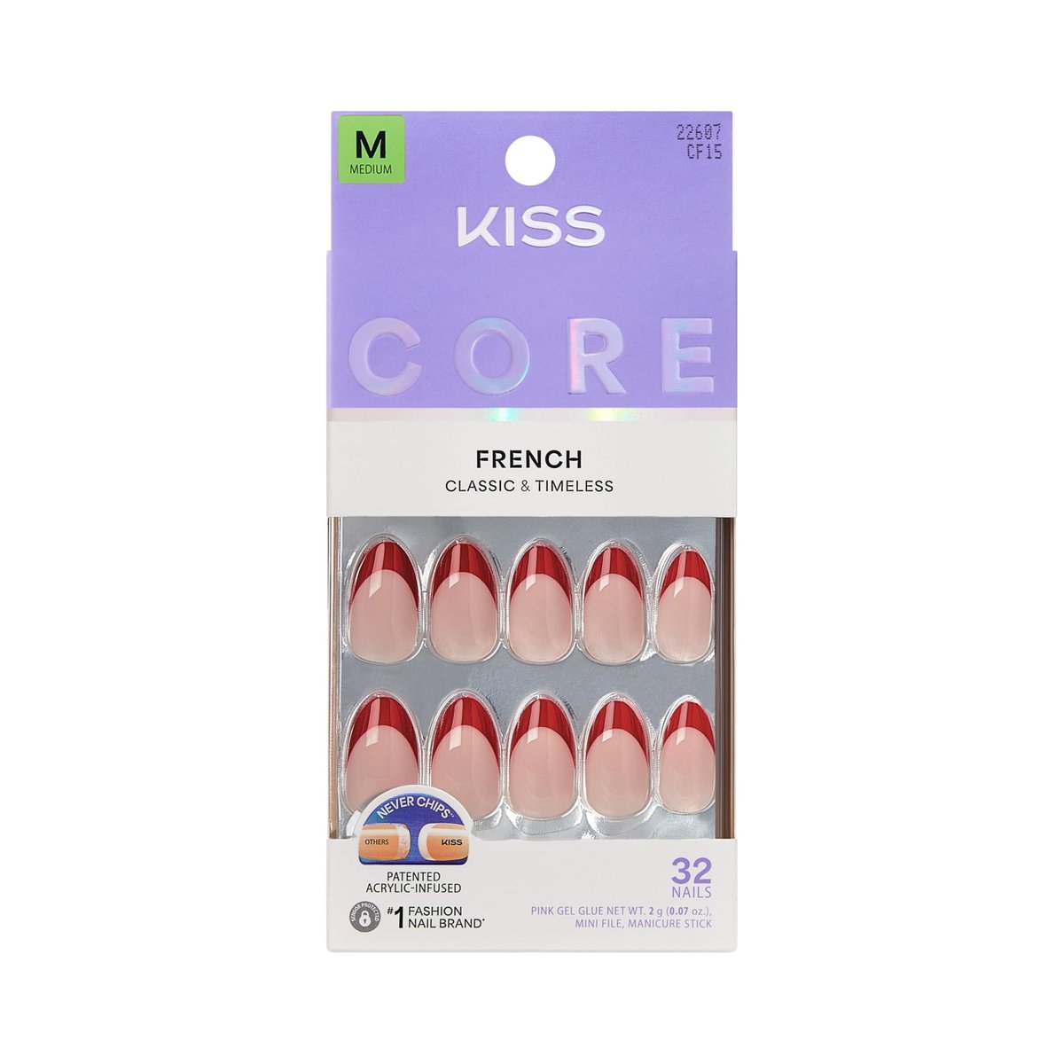 KISS Press On Nails 'Optimistic' - Red Almond Medium Size with Glue & Tools Avelisse