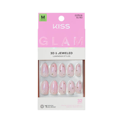 KISS Glam Press On Nails - Breeze of Bliss White Almond Medium - 32 Nails with Glue, File & Stick Avelisse