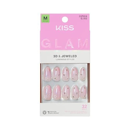 KISS Glam Press On Nails - Breeze of Bliss White Almond Medium - 32 Nails with Glue, File & Stick Avelisse