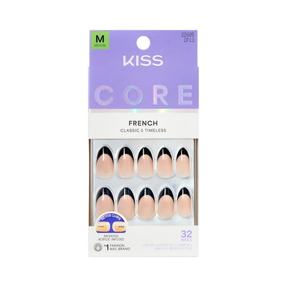 KISS CORE Press On Nails - Full of Fun, Black, Medium Almond, 32 Nails with Glue & Tools