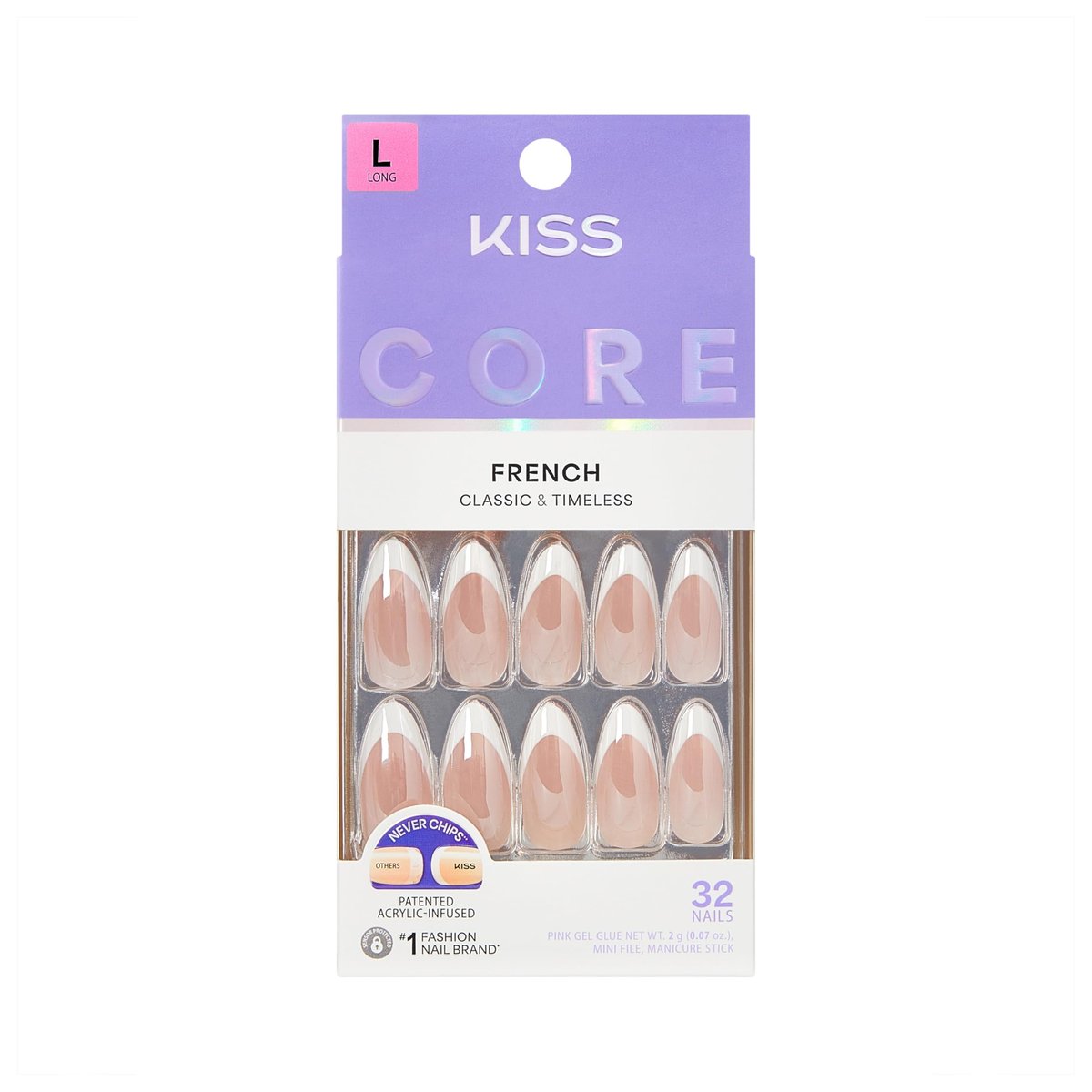 KISS Core Press On Nails 'Fascinating' - Long Almond White Acrylic Nails with Glue (32 Nails) - görsel 1