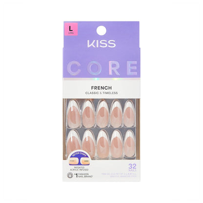 KISS Core Press On Nails 'Fascinating' - Long Almond White Acrylic Nails with Glue (32 Nails)
