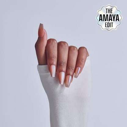 KISS Glam Press On Nails 'Dusk Mirage' - Beige Coffin Nails, Medium Size, 32 Pieces with Glue, Manicure Stick & Mini File Avelisse