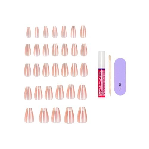 KISS Glam Press On Nails 'Dusk Mirage' - Beige Coffin Nails, Medium Size, 32 Pieces with Glue, Manicure Stick & Mini File Avelisse