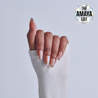 KISS Glam Press On Nails 'Dusk Mirage' - Beige Coffin Nails, Medium Size, 32 Pieces with Glue, Manicure Stick & Mini File Avelisse