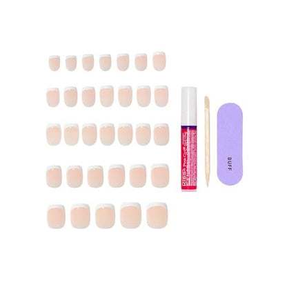KISS CORE Press On Nails - 'Perfection' White Petite Squoval - 32 Nails with Glue, File & Stick