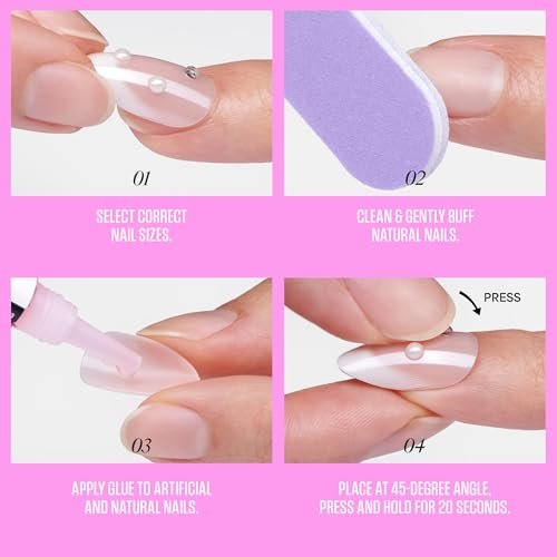 KISS Glam Press On Nails - Breeze of Bliss White Almond Medium - 32 Nails with Glue, File & Stick Avelisse