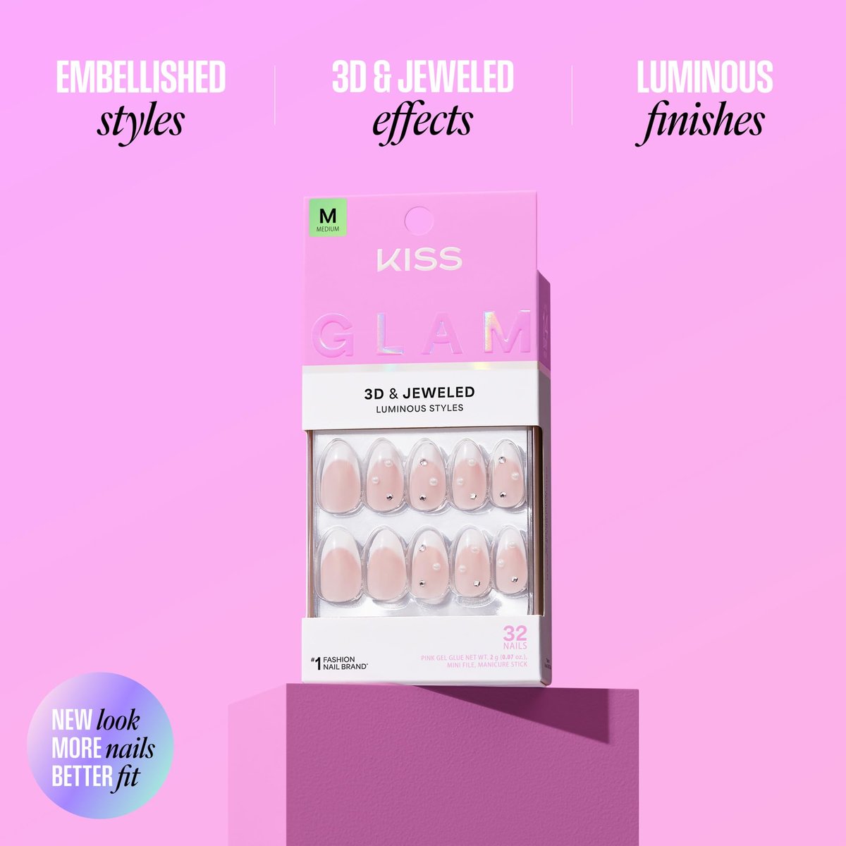 KISS Glam Press On Nails Zephyr - White Almond Medium 32-Piece Set with Glue Avelisse