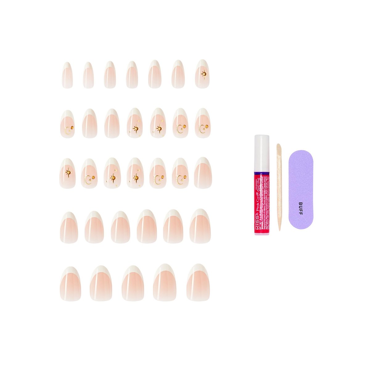 KISS Glam Press On Nails Zephyr - White Almond Medium 32-Piece Set with Glue Avelisse