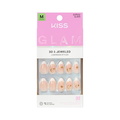 KISS Glam Press On Nails Zephyr - White Almond Medium 32-Piece Set with Glue Avelisse