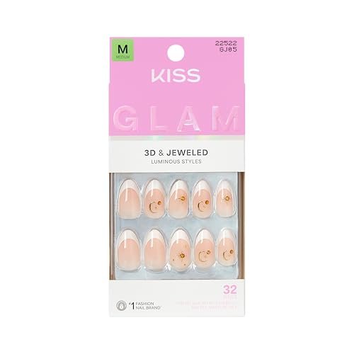 KISS Glam Press On Nails Zephyr - White Almond Medium 32-Piece Set with Glue Avelisse