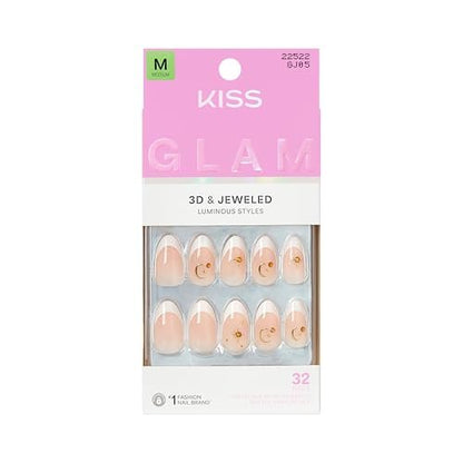 KISS Glam Press On Nails Zephyr - White Almond Medium 32-Piece Set with Glue Avelisse