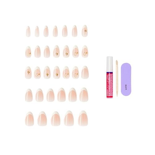 KISS Glam Press On Nails Zephyr - White Almond Medium 32-Piece Set with Glue Avelisse