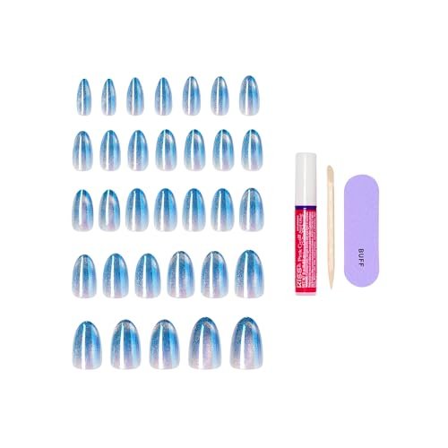 KISS Glam Press On Nails 'Glow Forever' - Blue Almond Medium Size - 32 Nails with Glue, Manicure Stick & Mini File Avelisse
