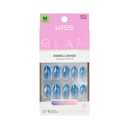 KISS Glam Press On Nails 'Glow Forever' - Blue Almond Medium Size - 32 Nails with Glue, Manicure Stick & Mini File Avelisse