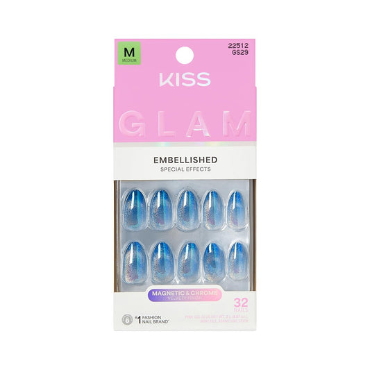 KISS Glam Press On Nails 'Glow Forever' - Blue Almond Medium Size - 32 Nails with Glue, Manicure Stick & Mini File Avelisse