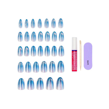 KISS Glam Press On Nails 'Glow Forever' - Blue Almond Medium Size - 32 Nails with Glue, Manicure Stick & Mini File Avelisse