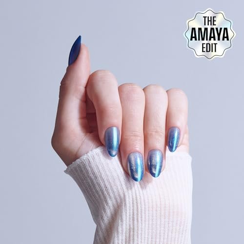 KISS Glam Press On Nails 'Glow Forever' - Blue Almond Medium Size - 32 Nails with Glue, Manicure Stick & Mini File Avelisse