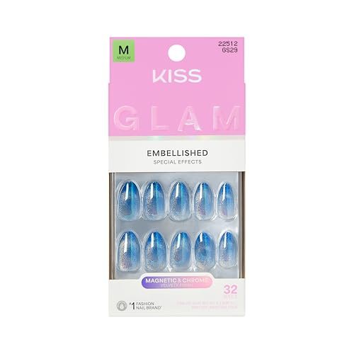 KISS Glam Press On Nails 'Glow Forever' - Blue Almond Medium Size - 32 Nails with Glue, Manicure Stick & Mini File Avelisse